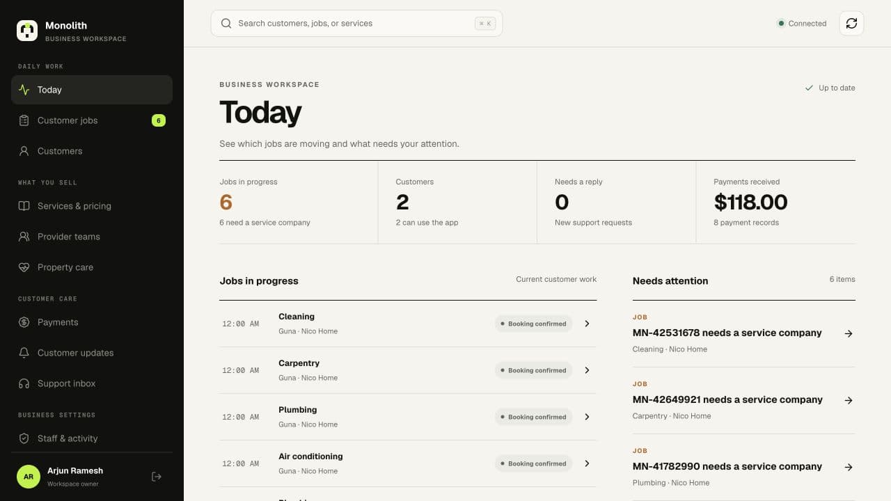 Real Monolith web admin portal showing live home service operations