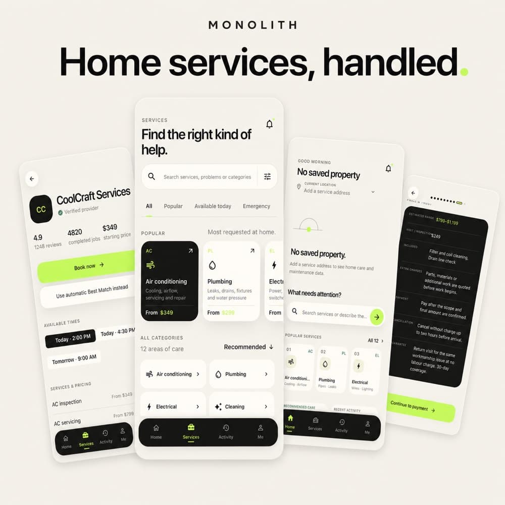 Monolith customer app showing booking, live visit updates, and service history