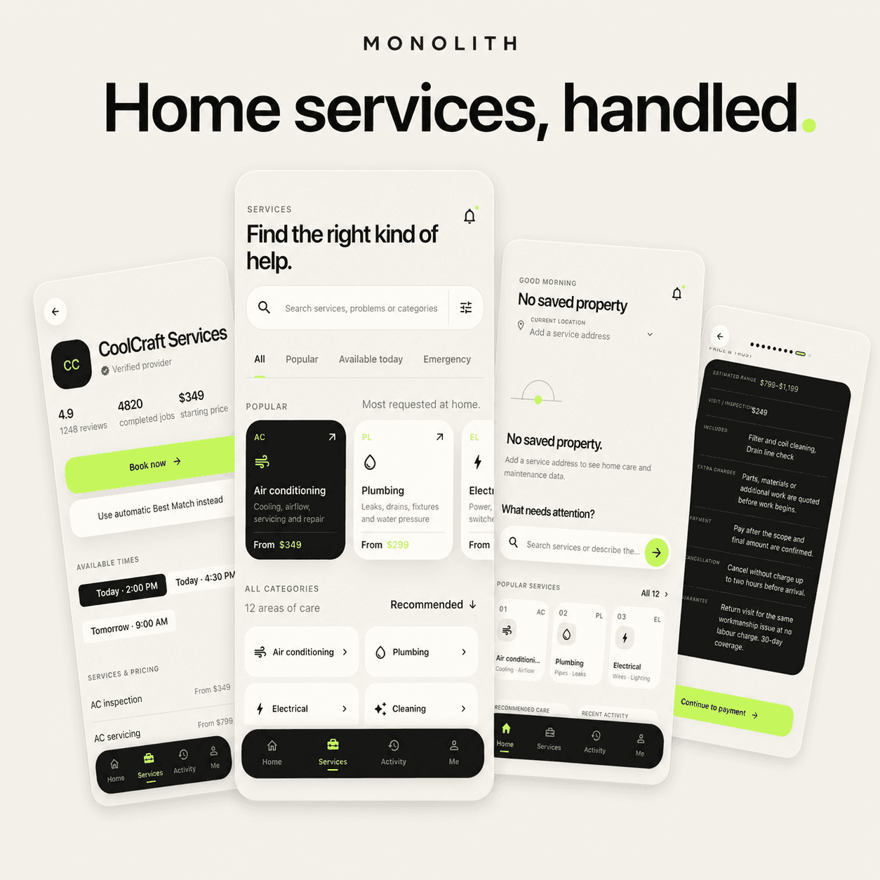 Monolith customer app for finding services, booking visits, tracking progress, and paying