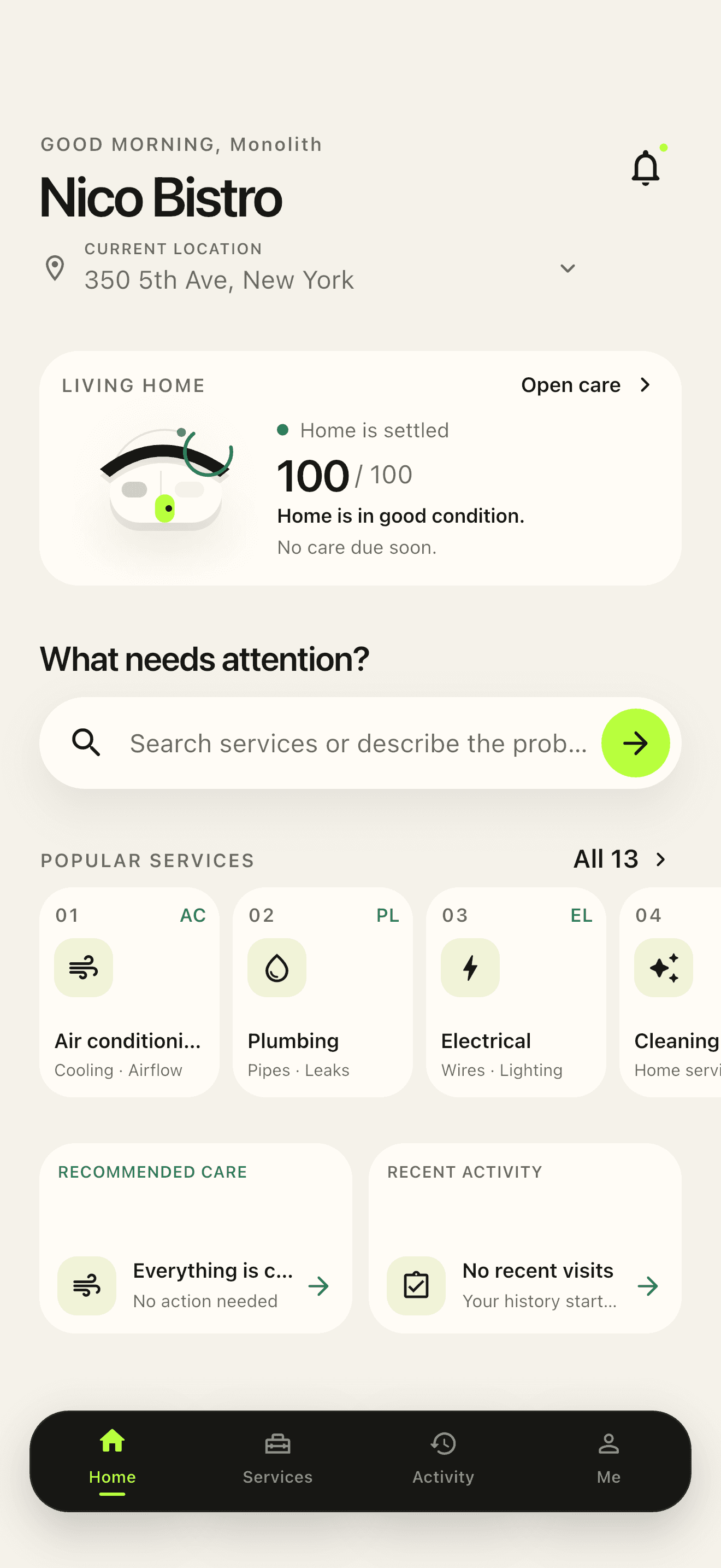 Monolith customer app home screen