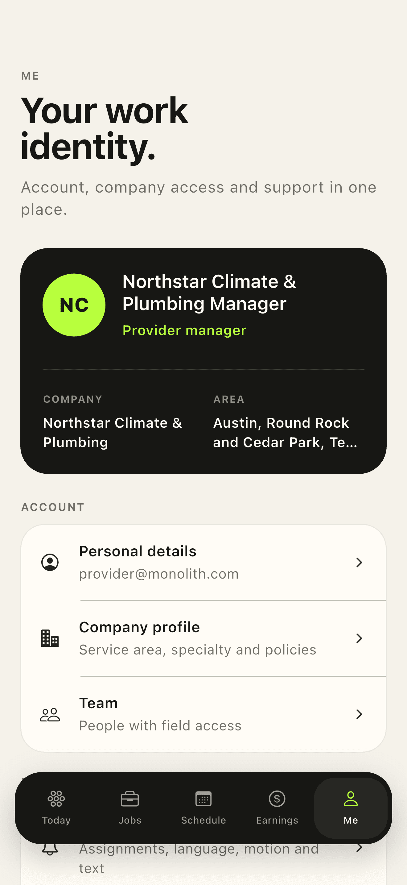 Monolith provider app profile and company details